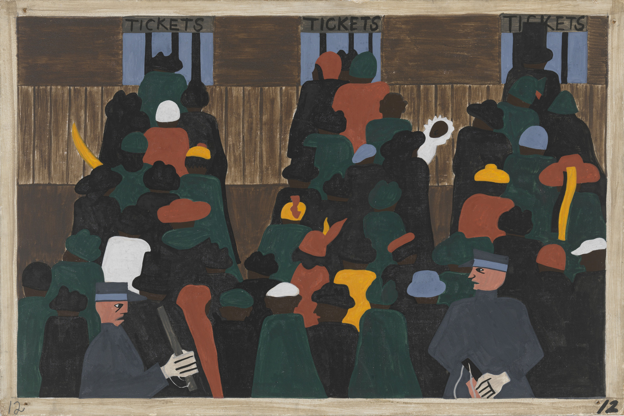 A crowd of people wearing dark green and orange clothing is gathered in front of three ticket booths. Two figures in gray uniforms are in the foreground. This is an AI generated description. To give feedback, email ai@moma.org.