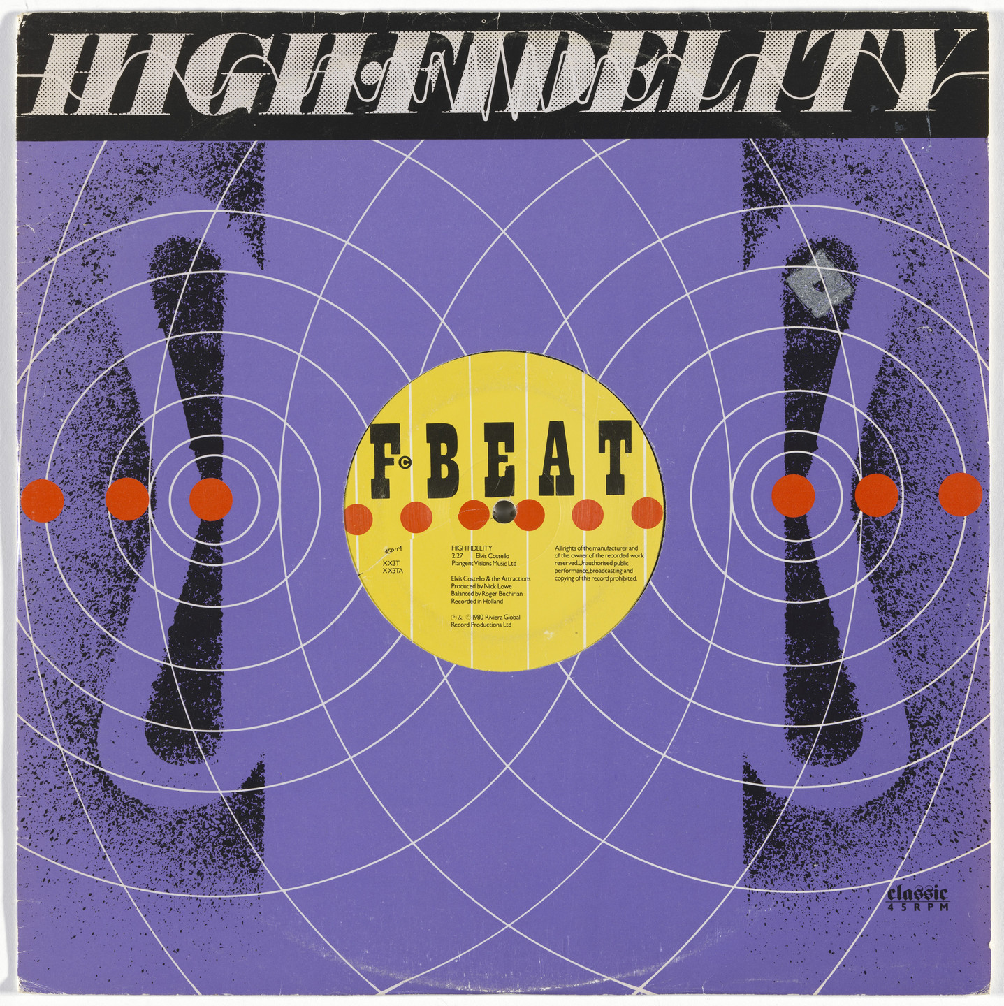 Barney Bubbles (Colin Fulcher), F-Beat Records. Cover for Elvis Costello and the Attractions 12&#34; single &#34;High Fidelity&#34;. 1980