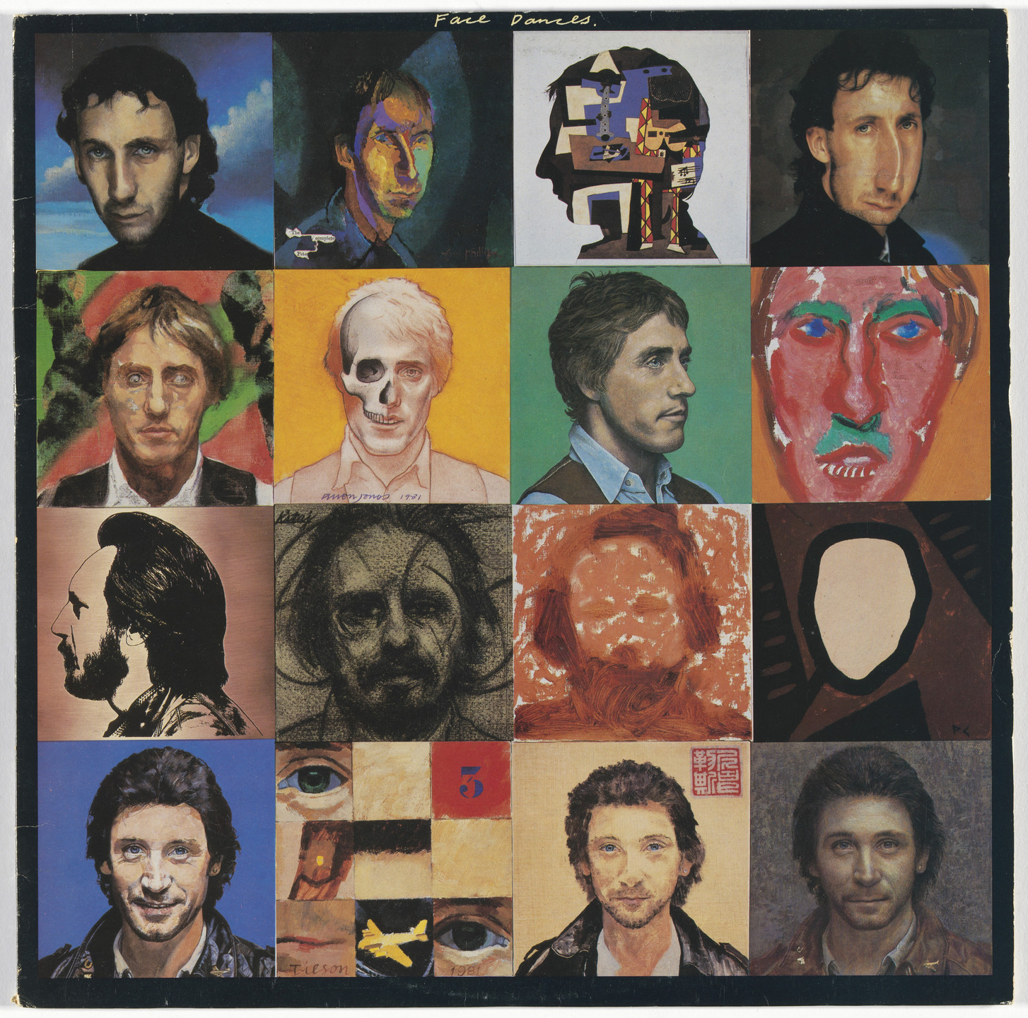 Peter Blake, Richard Evans, Clive Barker, Brian Aris, Gavin Cochrane, Warner Bros. Records, Bill Jacklin, Tom Phillips, Colin Self, Richard Hamilton, Michael Andrews, Allen Jones, David Inshaw, David Hockney, R. B. Kitaj, Howard Hodgkin, Patrick Caulfield, Joe Tilson, Patrick Procktor, David Tindle. Album cover for The Who, Face Dances. 1981