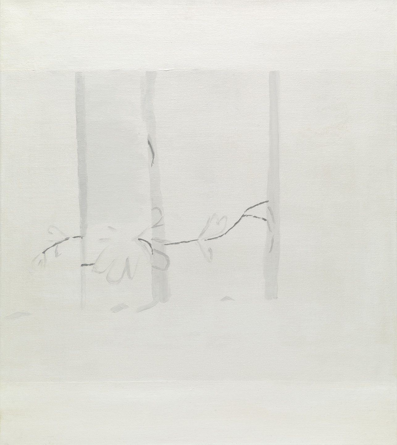 The image features a mostly white canvas with faint gray outlines that resemble vertical columns and curved lines suggestive of plant tendrils. The lack of bold colors or intricate details gives a minimalist and subtle appearance. This is an AI generated description. To give feedback, email ai@moma.org.