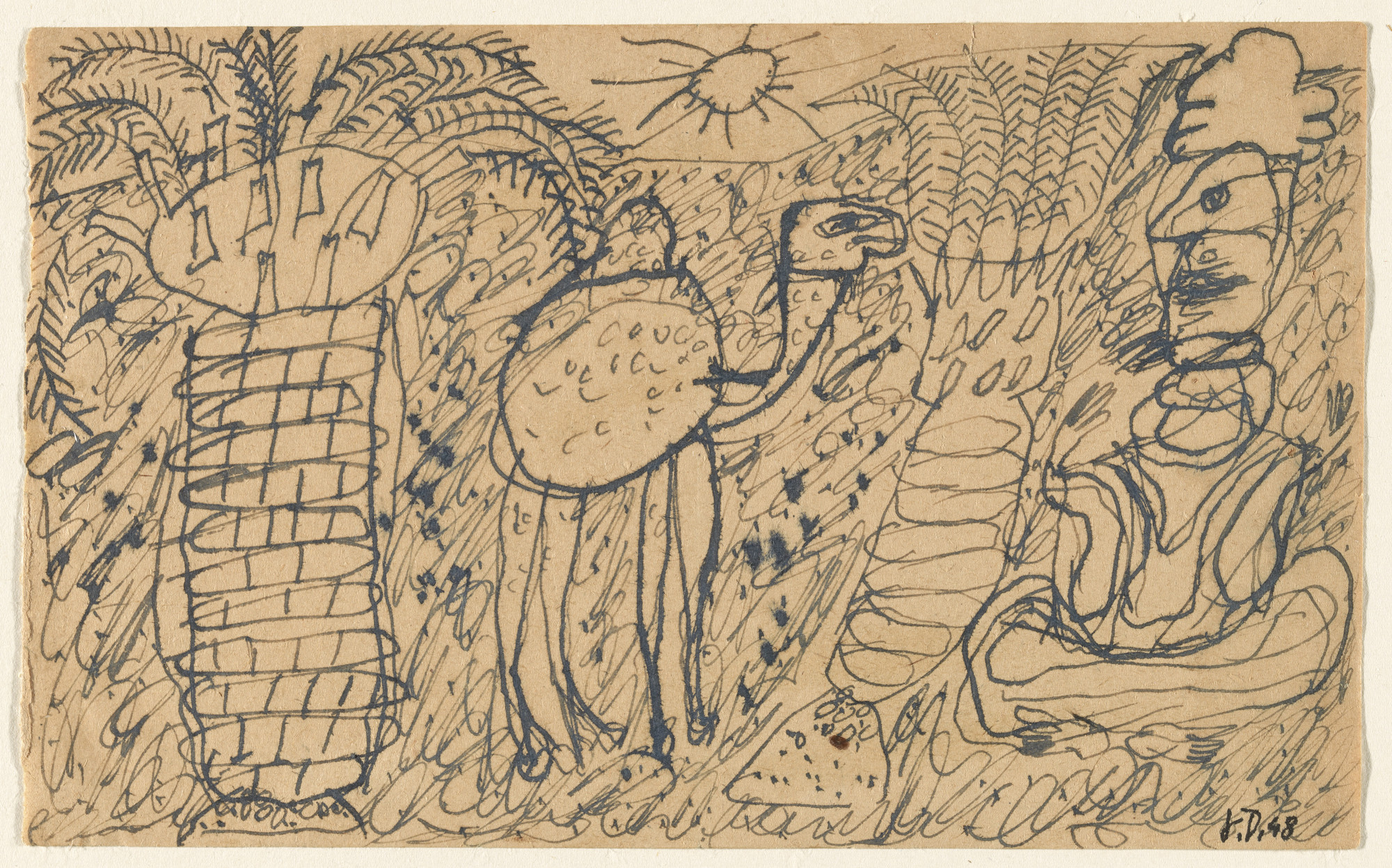 Jean Dubuffet. Seated Arab, Camel and Two Palm Trees, page from the sketchbook, El Golea, II