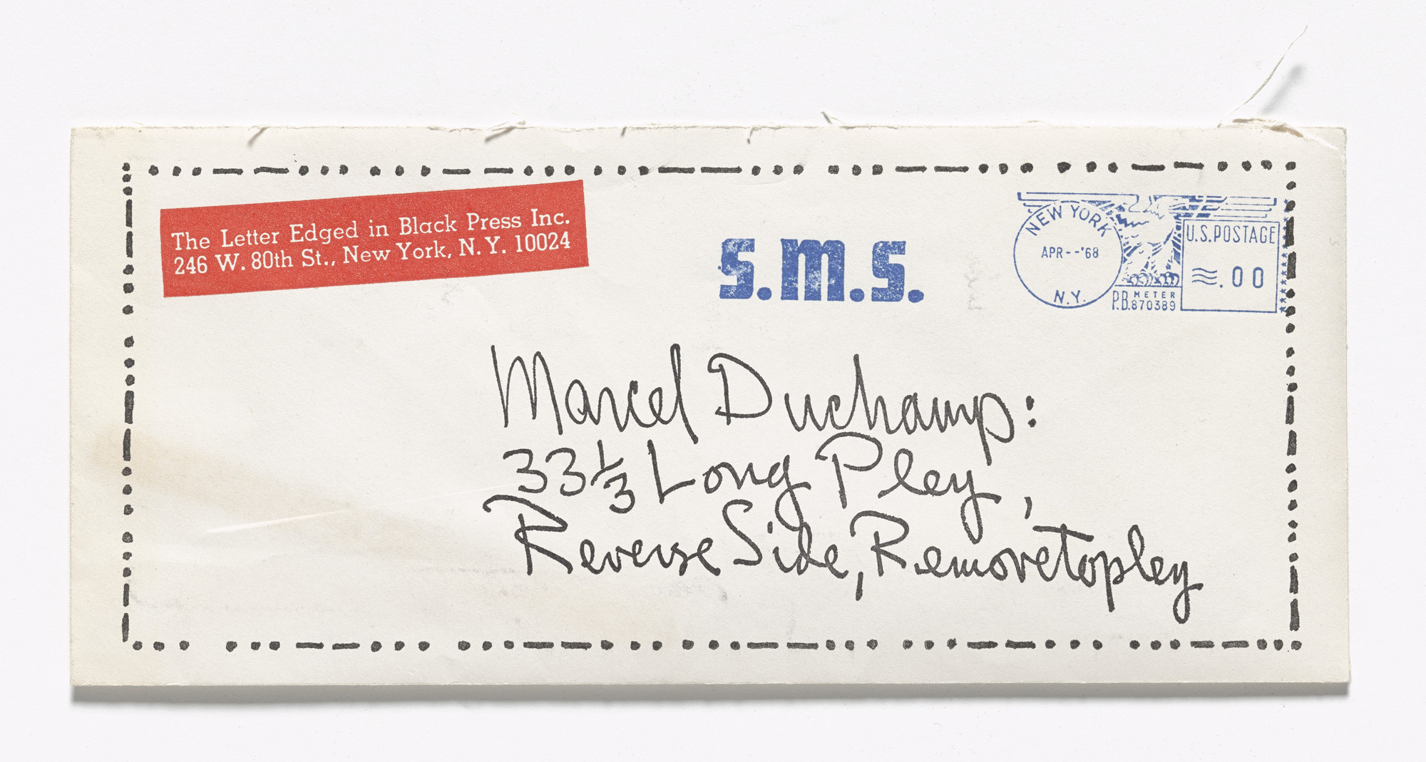 Clovis Trouille, George Reavey, Bernard Pfriem, Meret Oppenheim, Lee Lozano, Ray Johnson, Alain Jacquet, Marcia Herscovitz, Bruce Conner, Nicolas Calas, Marcel Duchamp, Various Artists. S.M.S. No. 2. 1968
