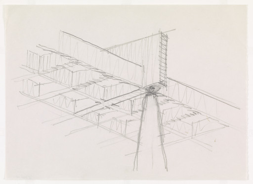 Ludwig Mies van der Rohe. Ron Bacardi y Compania, S.A., Administration Building, project, Santiago, Cuba, Column top and ceiling. Perspective. 1957