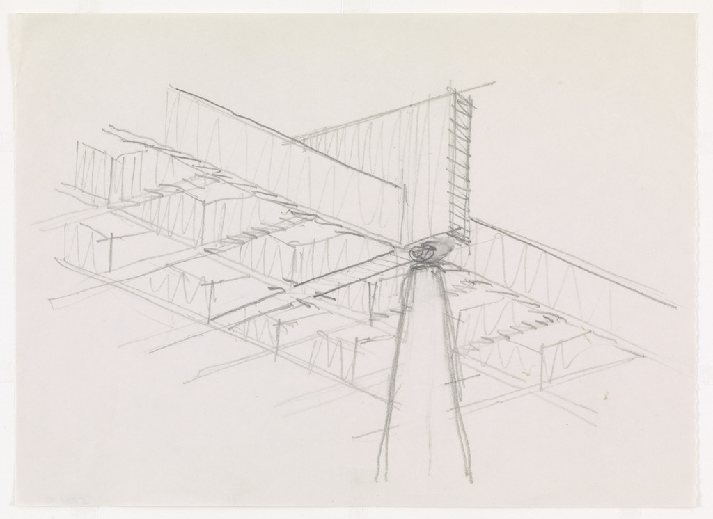 Ron Bacardi y Compania, S.A., Administration Building, project, Santiago, Cuba, Column top and ceiling.  Perspective