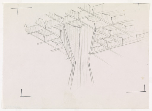 Ludwig Mies van der Rohe. Ron Bacardi y Compania, S.A., Administration Building, project, Santiago, Cuba, Column and ceiling. Perspective. 1957