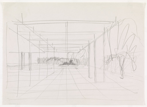 Ludwig Mies van der Rohe. Ron Bacardi y Compania, S.A., Administration Building, project, Santiago, Cuba, Exterior perspective. 1957