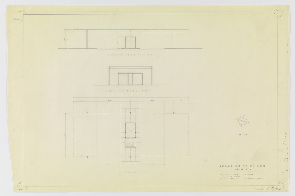 Ron Bacardí y Compañía, S.A., Administration Building, Mexico City, Mexico (Entrance gate, plan and exterior elevations)
