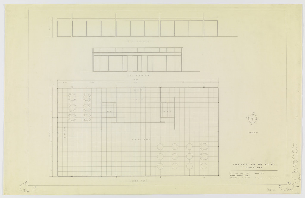 Ron Bacardí y Compañía, S.A., Administration Building, Mexico City, Mexico (Floor plan, exterior elevations)