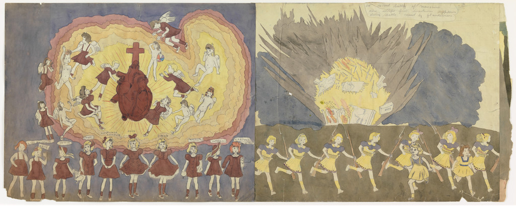 a) The Vivian girls nuded like child slaves b) Untitled (Sacred Heart) and At second battle of Marcocino also escape from disasterous explosion during battle caused by glandelinians