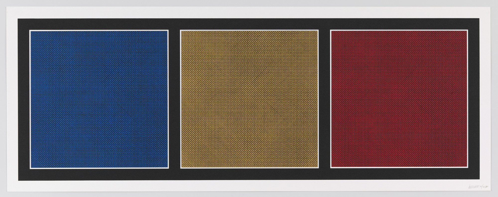 Sol LeWitt. A Rectangle Bordered and Divided Vertically into Three Equal Squares; One Red, One Yellow; and One Blue, Each with Black Lines in Four Directions