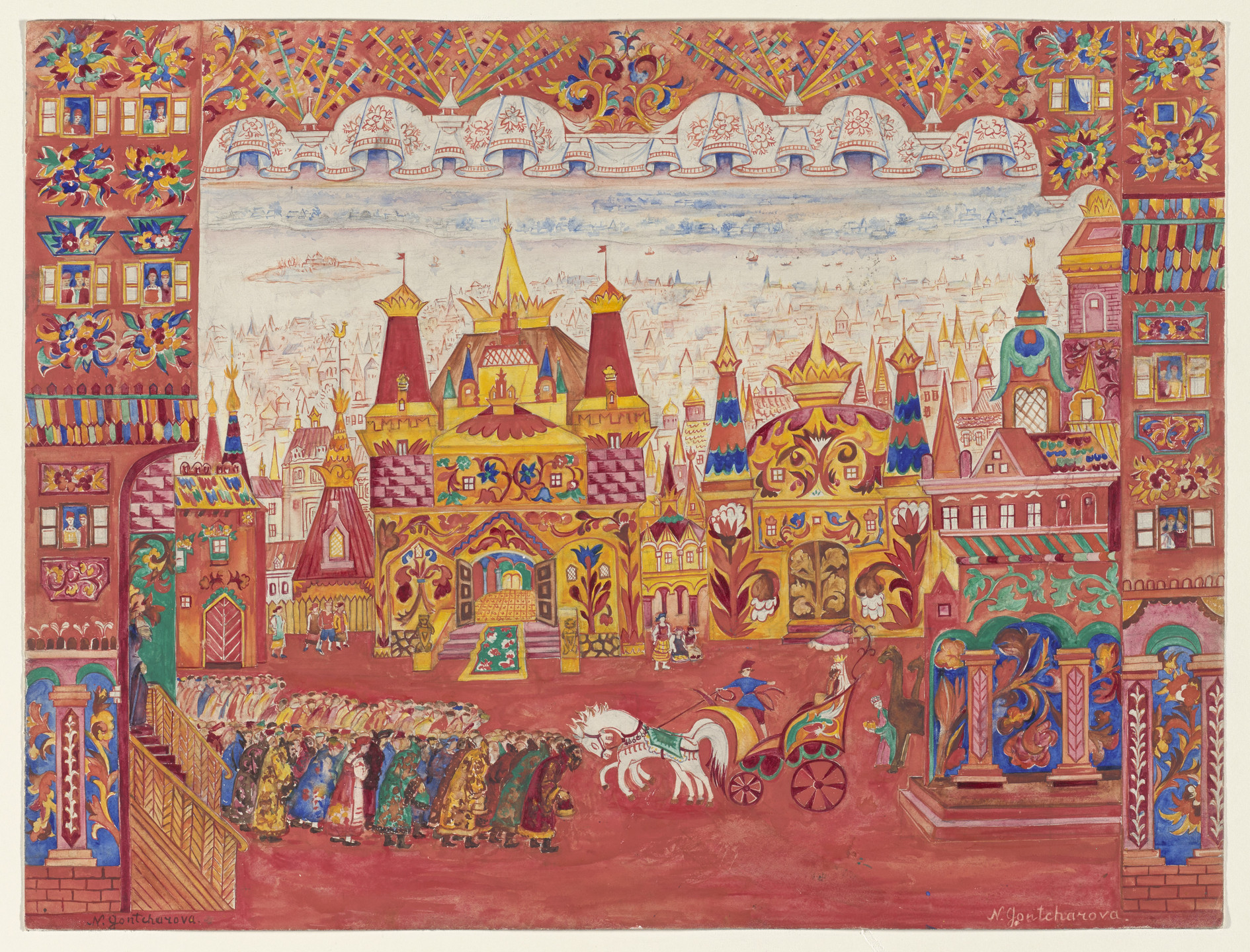 Natalia Goncharova. The City Square. Study for backdrop for the ballet Le Coq d&#39;or (The Golden Cockerel). c. 1937
