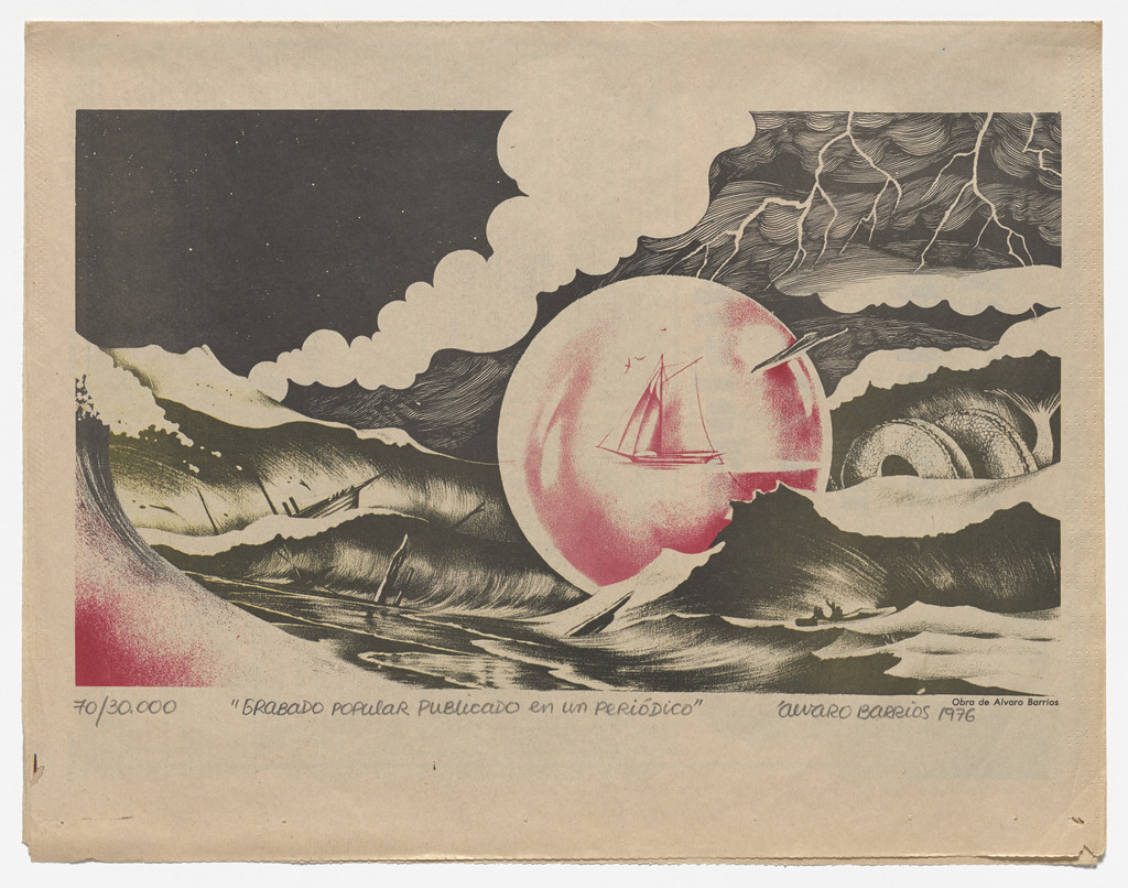 Popular Print for the Third American Biennial of Graphic Arts in Cali, published in Bandera de El Pueblo, May 6, 1976 (Grabado popular impreso para la III Bienal Americana de Artes Gráficas de Cali, publicado en El Pueblo, 6 de mayo de 1976)