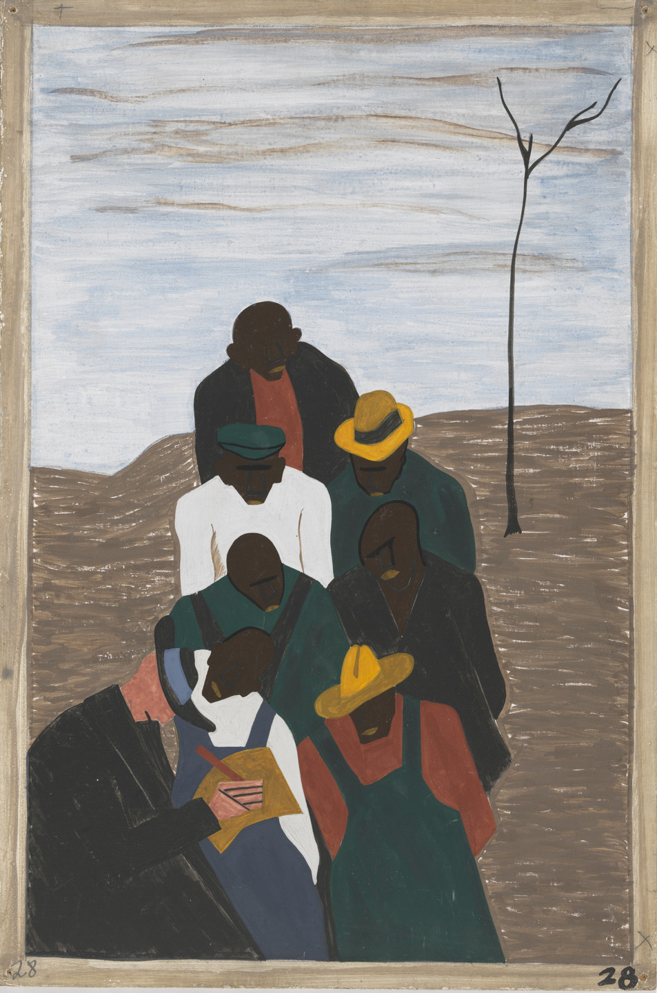 A group of seven figures are gathered closely against a backdrop of blue sky and brown ground. The figures are wearing hats and clothing in colors such as green, yellow, black, red, and white, and they appear to be reading a book or paper. This is an AI generated description. To give feedback, email ai@moma.org.