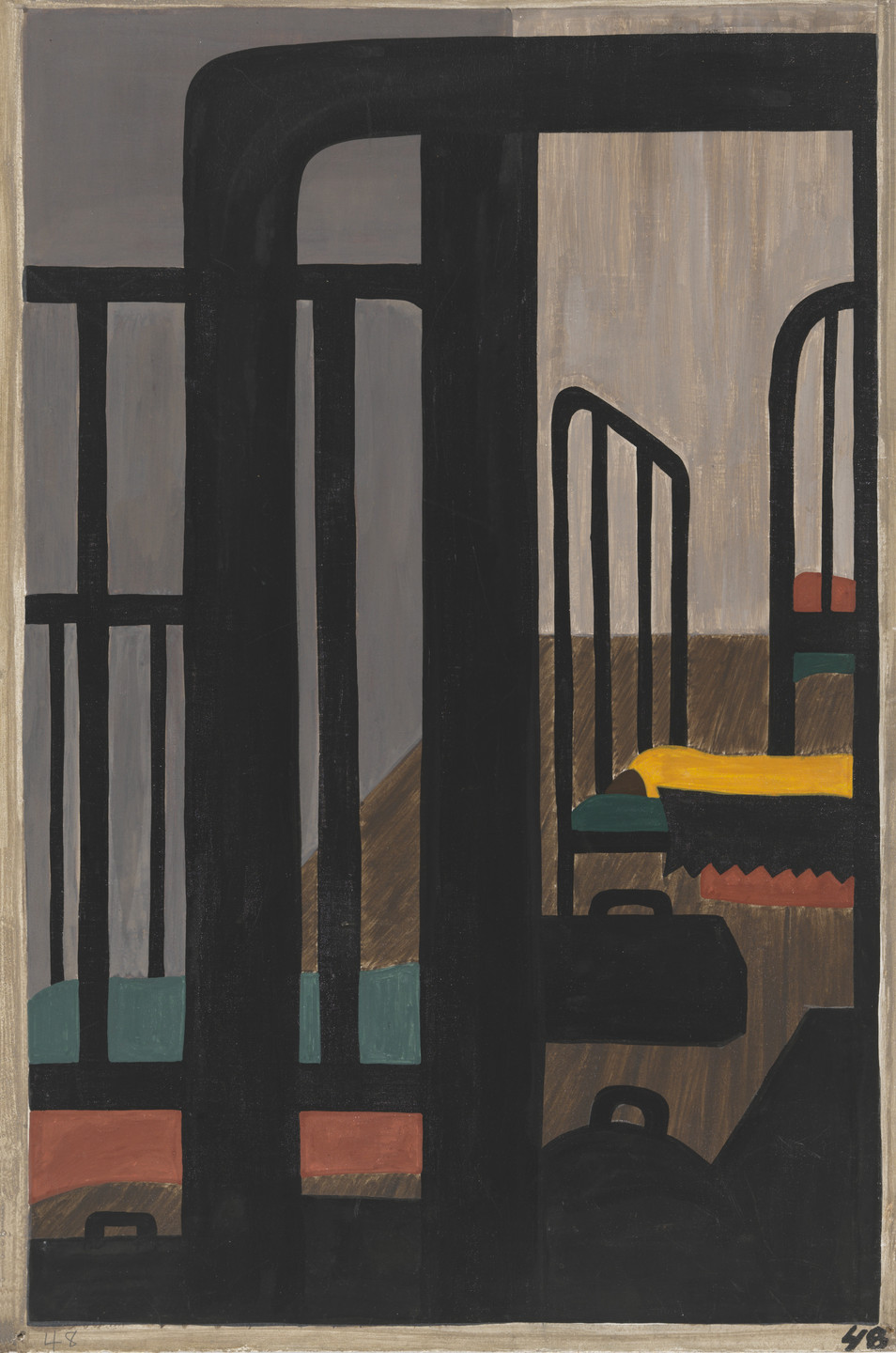 The image depicts geometric forms in black with accents of green, red, and yellow on a gray and brown background. Vertical lines and shapes resembling parts of furniture intersect the composition. This is an AI generated description. To give feedback, email ai@moma.org.