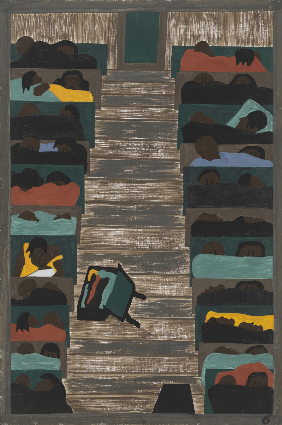 The image features rows of people lying on benches, shown in predominantly dark and muted colors with some bright accents like a yellow shirt. The wooden floor and benches create a symmetrical pattern, with a fallen bench in the middle. This is an AI generated description. To give feedback, email ai@moma.org.