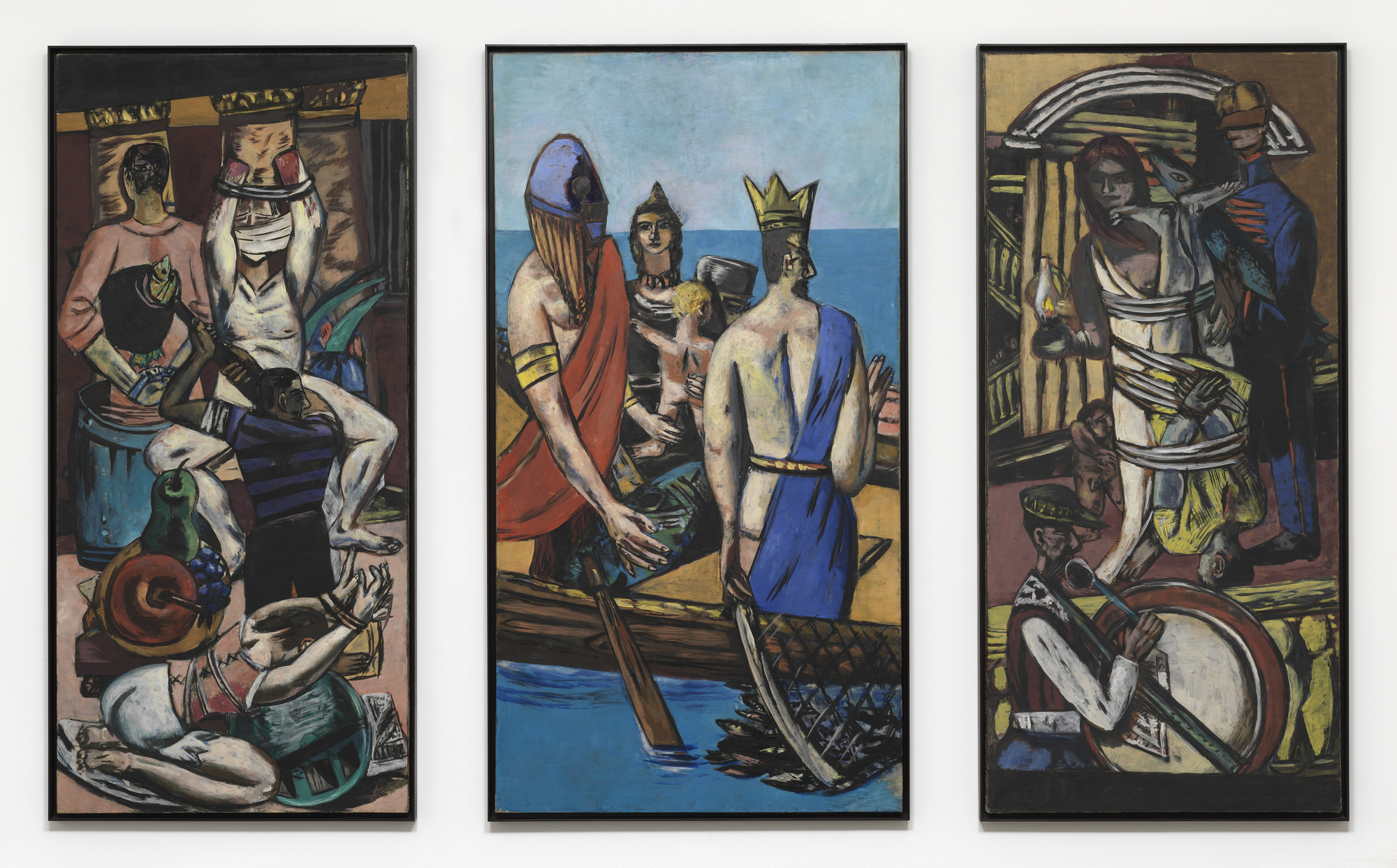 Three connected paintings display various figures interacting in different scenes. Predominant colors are earthy tones, bright red, blue, and black; the middle painting features figures on a boat with a blue sea background. This is an AI generated description. To give feedback, email ai@moma.org.