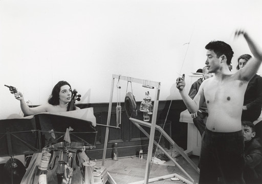 Charlotte Moorman, Nam June Paik. Charlotte Moorman and Nam June Paik performing at 24 Stunden (24 Hours), Galerie Parnass, Wuppertal, Germany, June 5, 1965. 1965