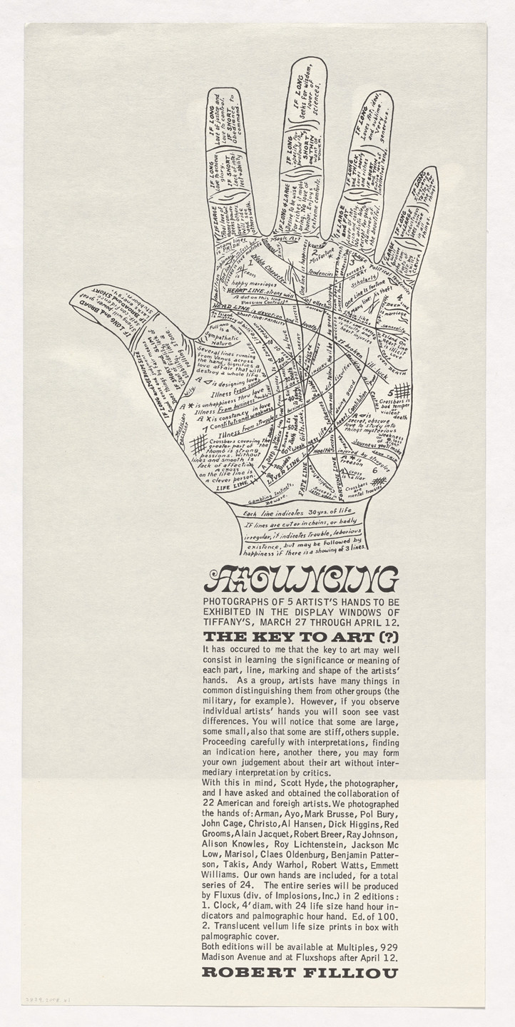 Robert Filliou, Scott Hyde. Flyer for The Key to Art(?) (Hand Show), Tiffany&#39;s, New York, March 27–April 12, 1967. c. 1967