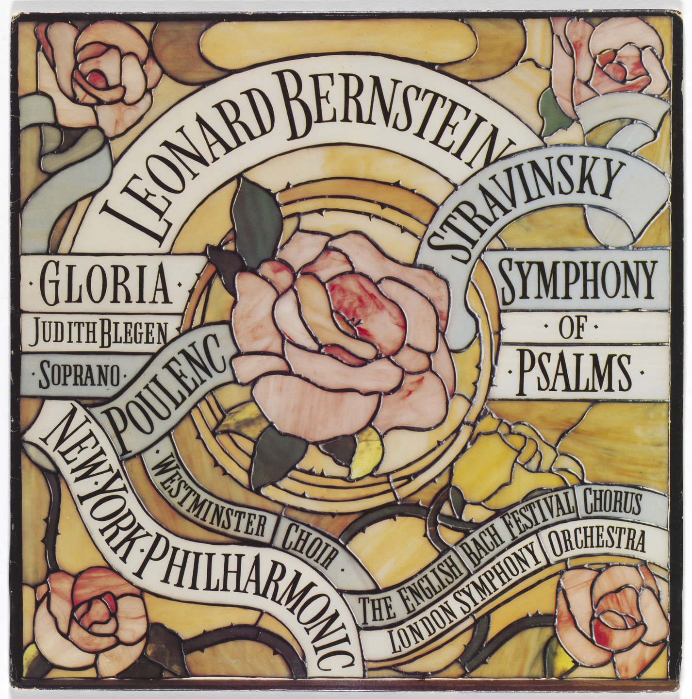Paula Scher, Nick Fasciano. Album cover for performances of works by Leonard Bernstein, Poulenc, and Stravinsky. 1977