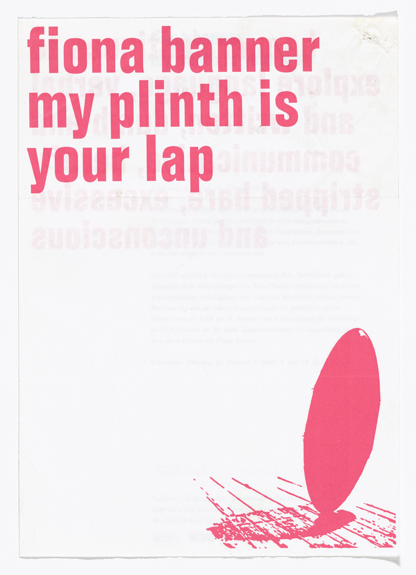 Fiona Banner. Brochure for Your Plinth is My Lap, Dundee Contemporary Arts, April 19, 2002