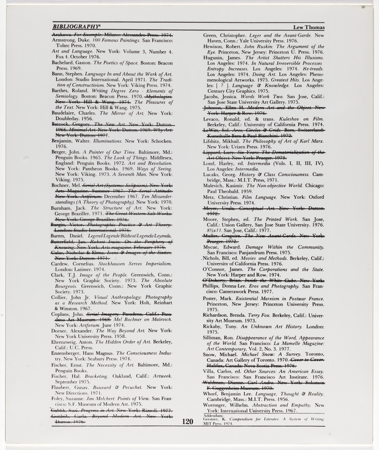 Lew Thomas. Bibliography 2, 1977 reprinted from Art Contemporary, vol. 2, no. 4. 1978