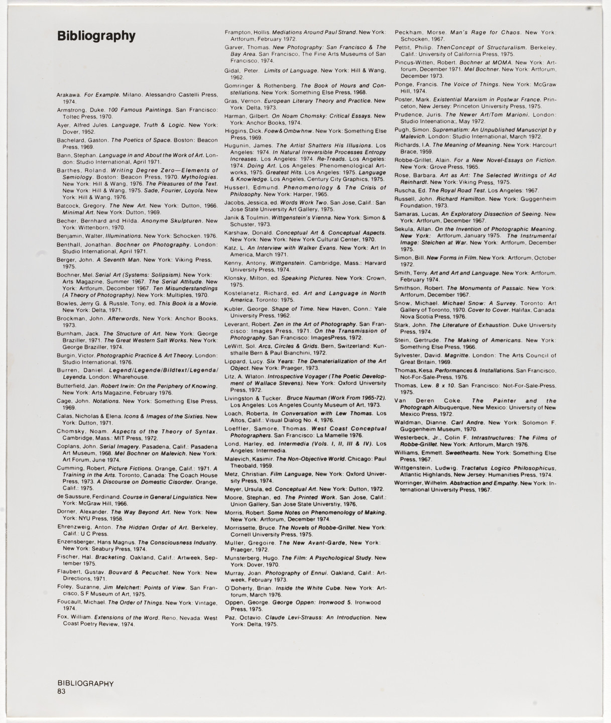 A page from a book titled &#34;Bibliography&#34; with text in black font listing various authors, book titles, and publication details in multiple columns on a white background. The page number &#34;83&#34; appears at the bottom left. This is an AI generated description. To give feedback, email ai@moma.org.