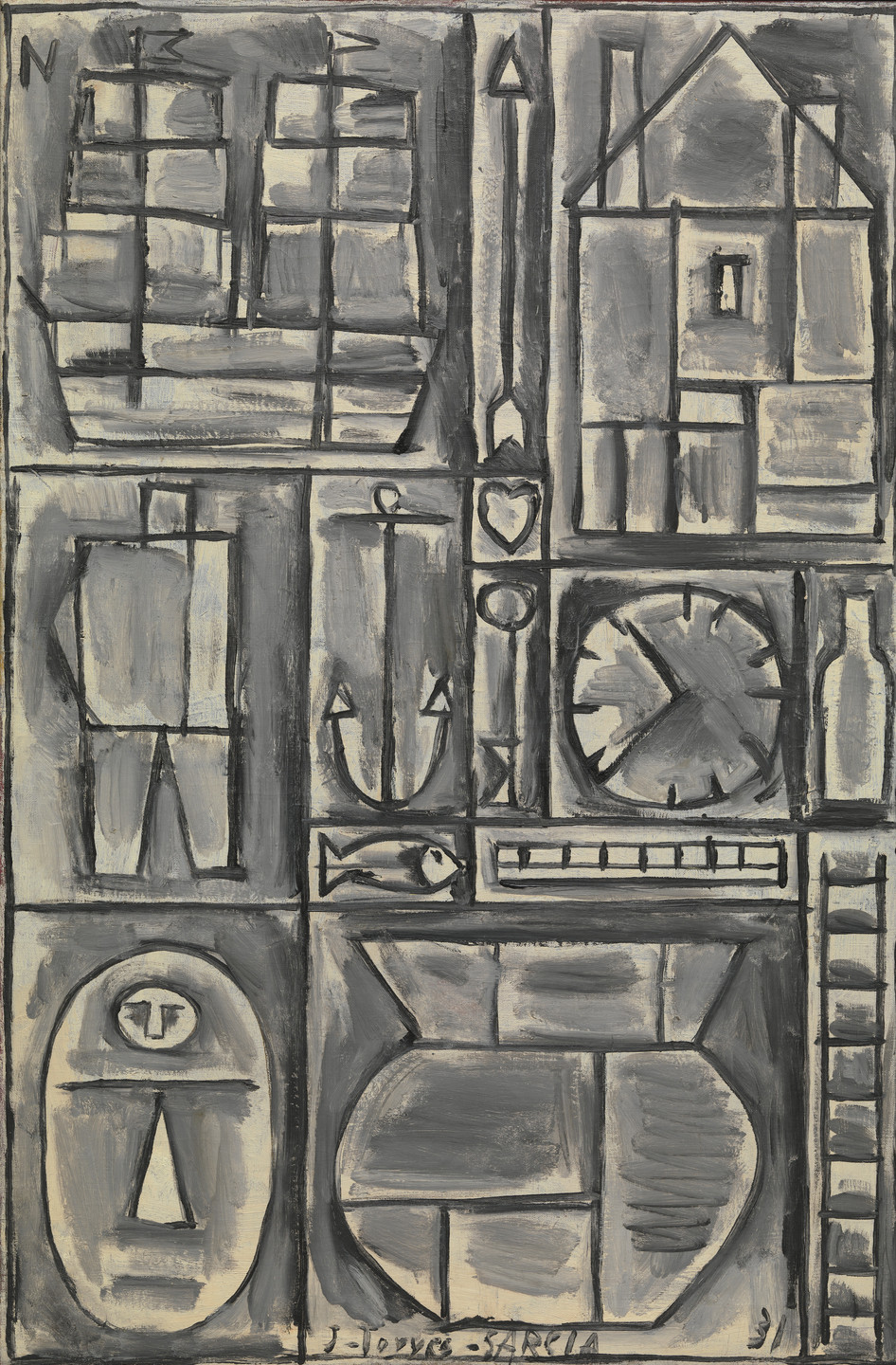 The painting features multiple geometric shapes and figures outlined in black on a predominantly gray background. The figures include a fish, boat, arrow, anchor, ladder, clock, house, vase, bottole and human figure and head in a grid arrangement. This is an AI generated description. To give feedback, email ai@moma.org.