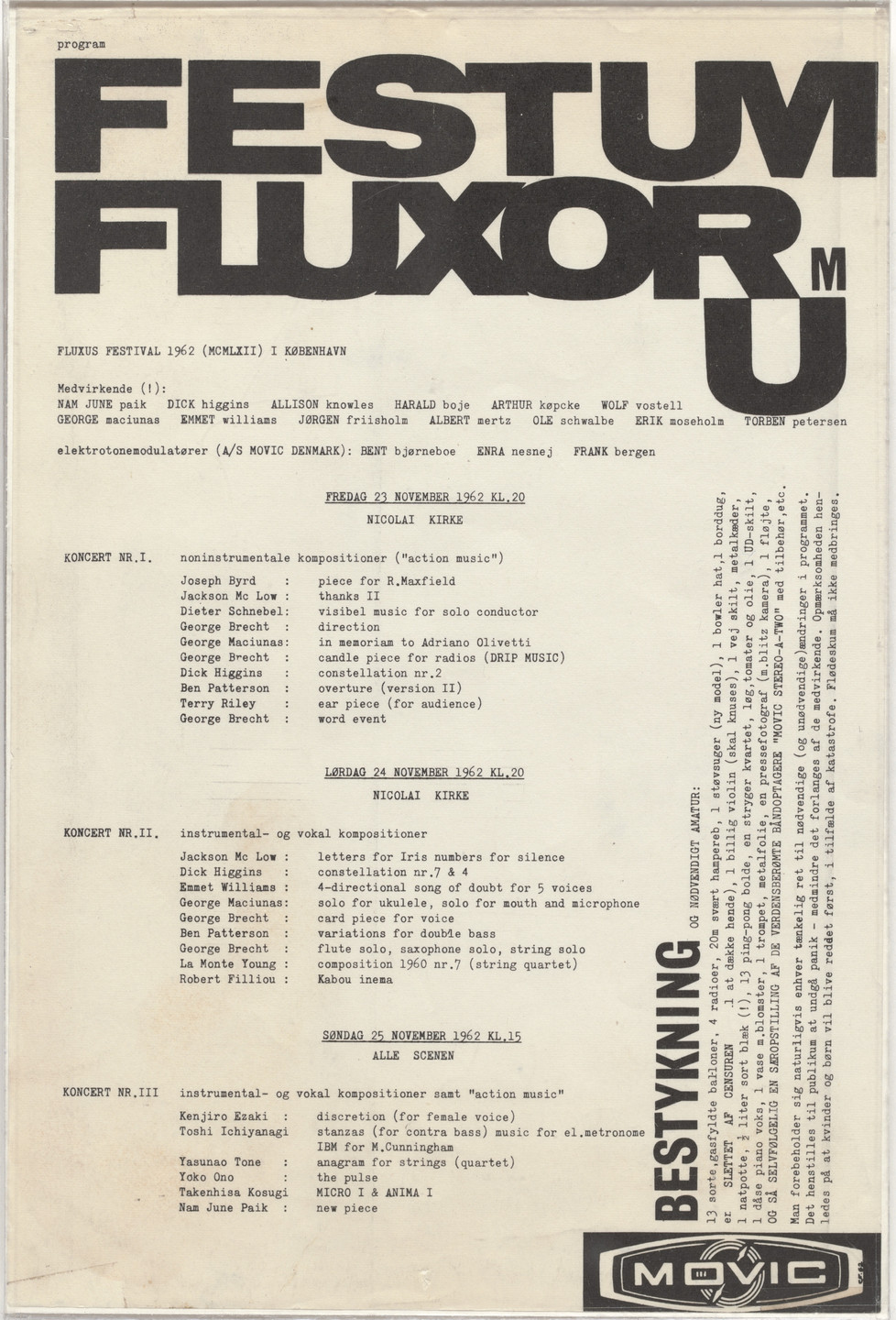 Designer Unidentified. Program for Festum Fluxorem/Musik Og Anti-Musik Det Instrumentale Teater, Nikolai Kirke, Copenhagen, November 23-28, 1962. 1962