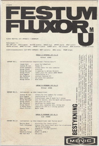 Program for Fluxus/Musik Og Anti-Musik/Det Instrumentale Teater, Nikolai Kirke and Allé Scenen, Copenhagen, November 23-28, 1962