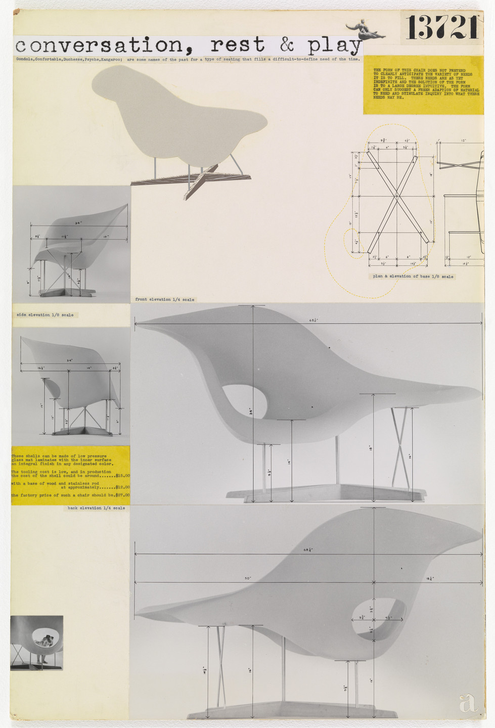 Charles Eames, Ray Eames. Entry Panel for MoMA International Competition for Low-Cost Furniture Design (La Chaise). 1949