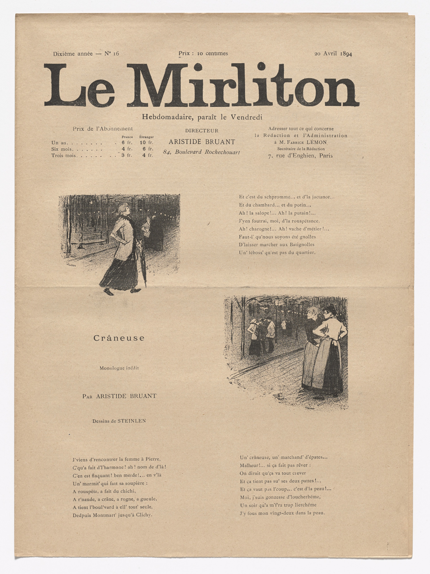 Théophile-Alexandre Steinlen. Le Mirliton, no. 16