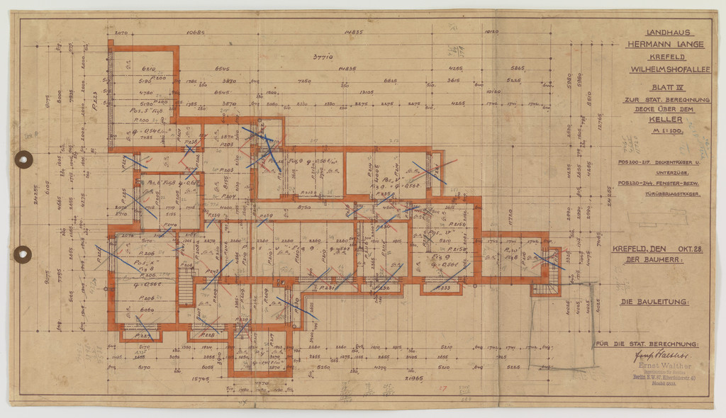 Hermann Lange House, Krefeld, Germany (Plan. Ceiling over basement. Shop drawing.)