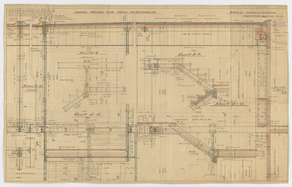 Hermann Lange House, Krefeld, Germany (Sections; supports and jointed girders for staircase. Shop drawing.)