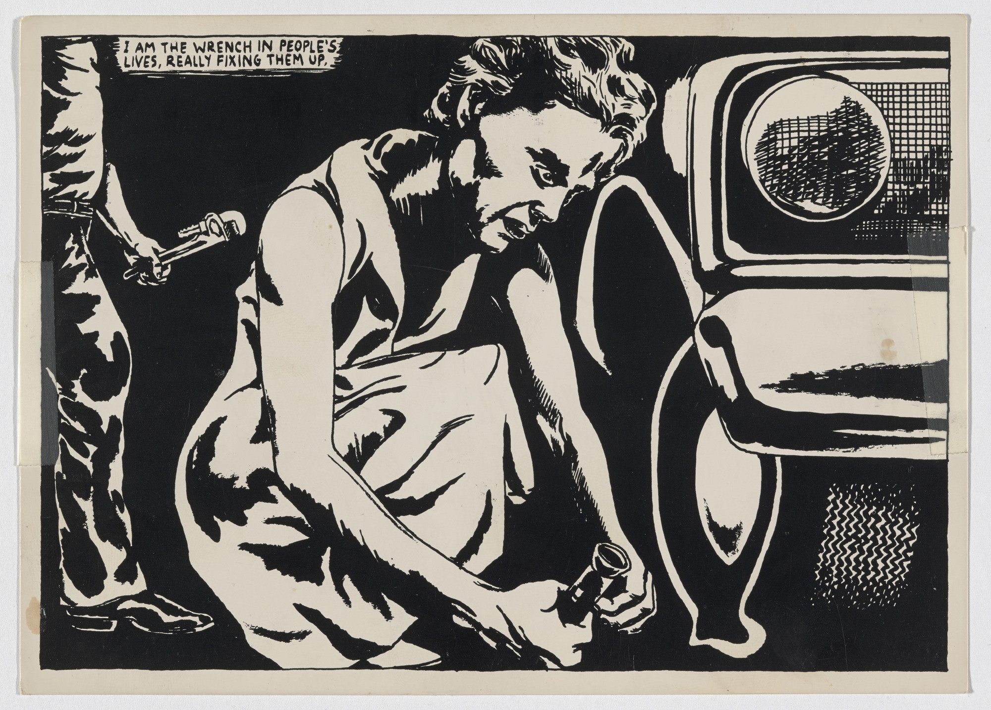 Raymond Pettibon. Raymond Pettibon / Semaphore Gallery / Announcement Card / "I am the wrench in People's Lives, Really Fixing Them Up". March 5, 1986