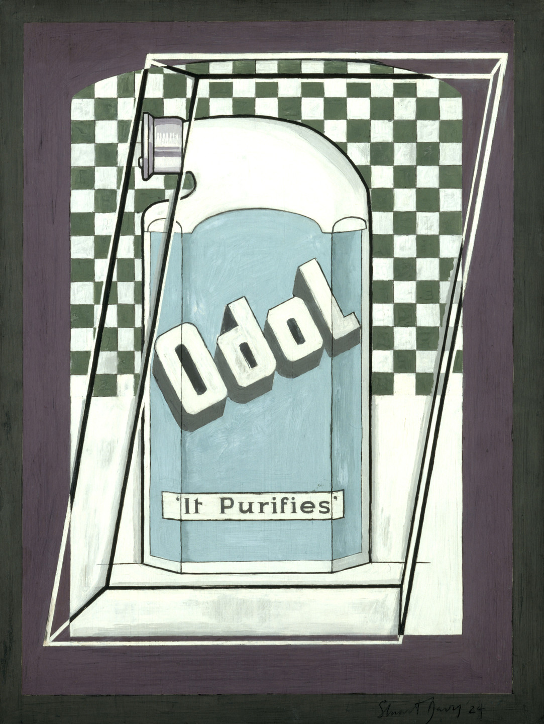 A painting of a blue and white bottle labeled "Odol" with "It Purifies" text below it, set against a green and white checkered background within a purple and green framed border. This is an AI generated description. To give feedback, email ai@moma.org.