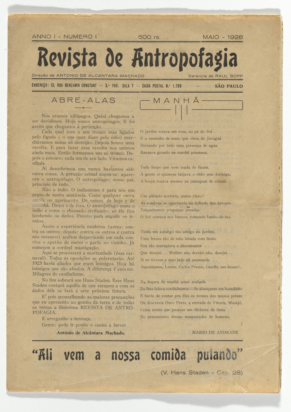Oswald de Andrade, Antônio de Alcântara Machado, Raul Bopp, Mário de Andrade. Revista de antropofagia vol. 1, no. 1, May, Manifesto Antropofago. 1928