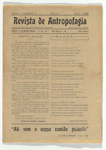 Oswald de Andrade, Antônio de Alcântara Machado, Raul Bopp, Mário de Andrade. Revista de antropofagia vol. 1, no. 1, May, Manifesto Antropofago. 1928