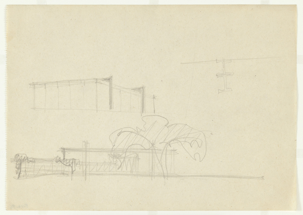 Fifty by Fifty Feet House Project (Perspective sketch and elevation showing exoskeletal plate girders)