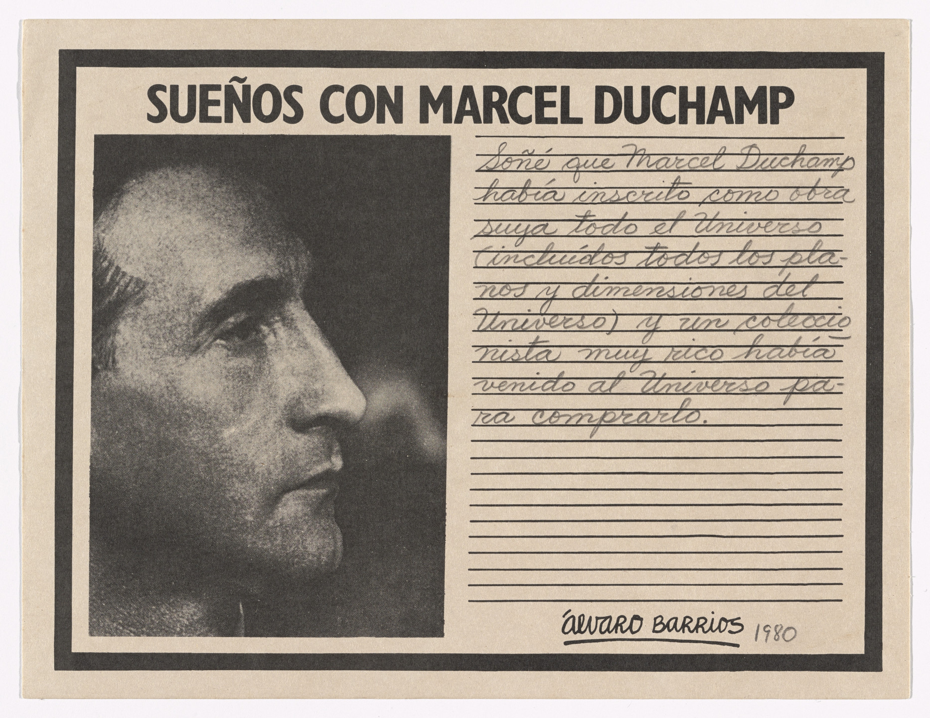 Álvaro Barrios. Popular Print for the exhibition &#34;Dreams About Marcel Duchamp&#34; (Grabado popular impreso para la exhibición &#34;Sueños con Marcel Duchamp&#34;). 1980