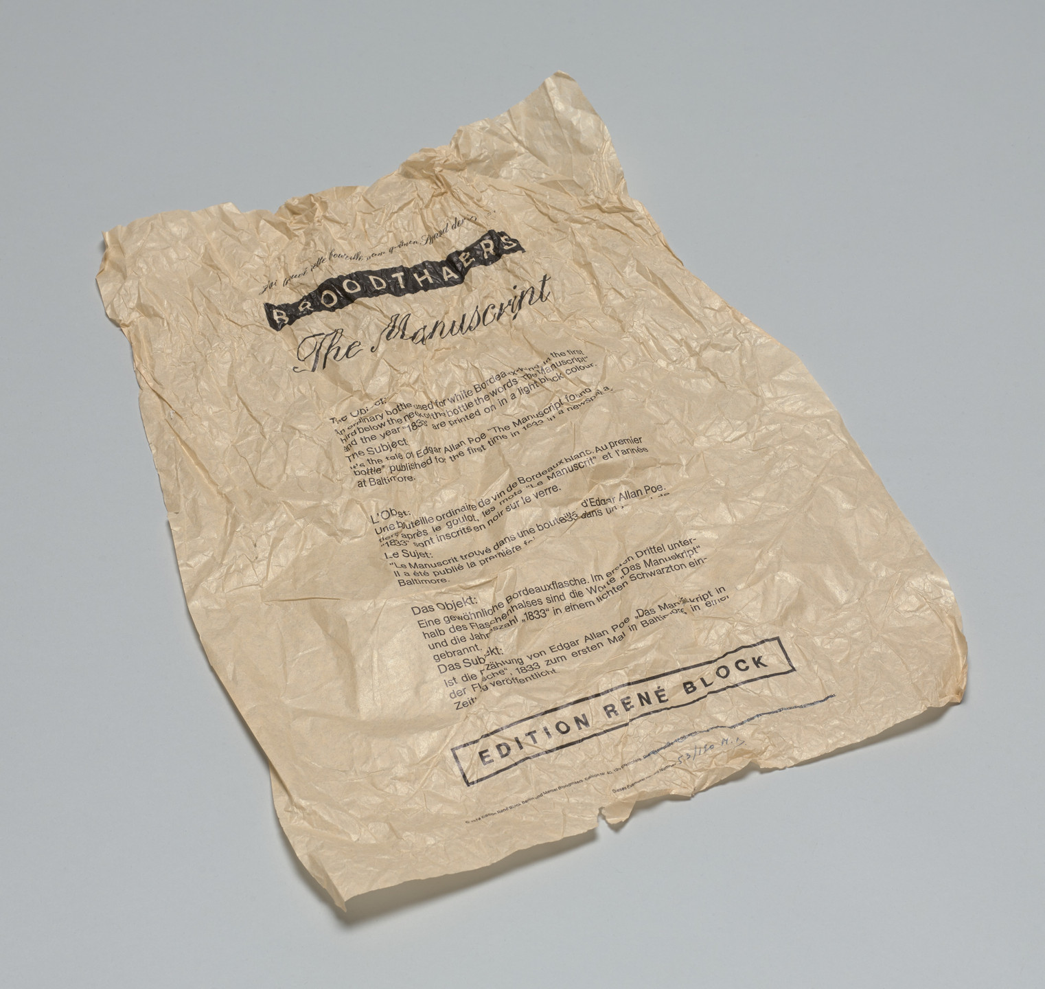 Marcel Broodthaers. The Manuscript Found in a Bottle (Le