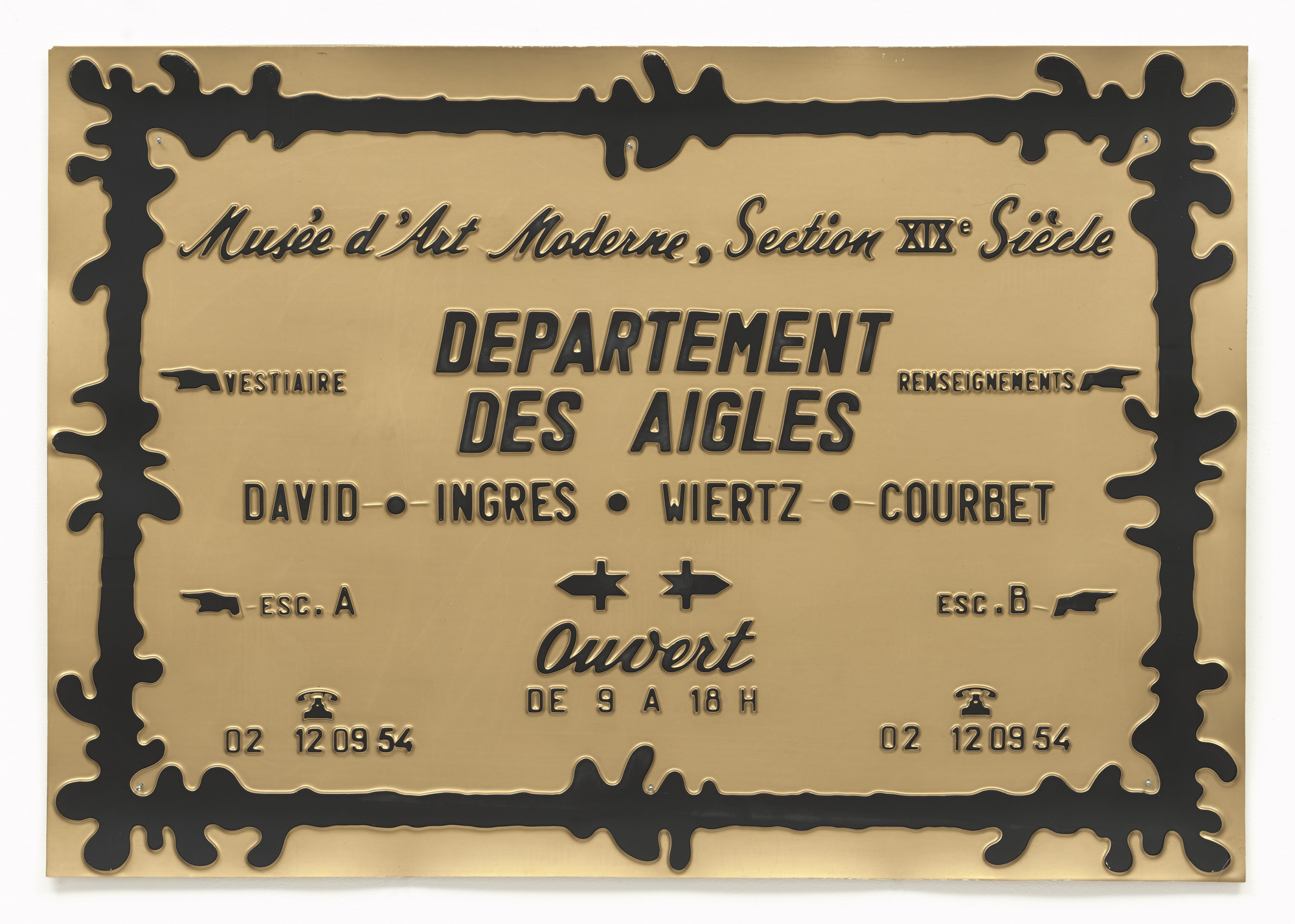 A gold-colored sign with black text and decorative black elements around the edges. The text includes directions, names, and hours, with some arrows and phone icons. This is an AI generated description. To give feedback, email ai@moma.org.