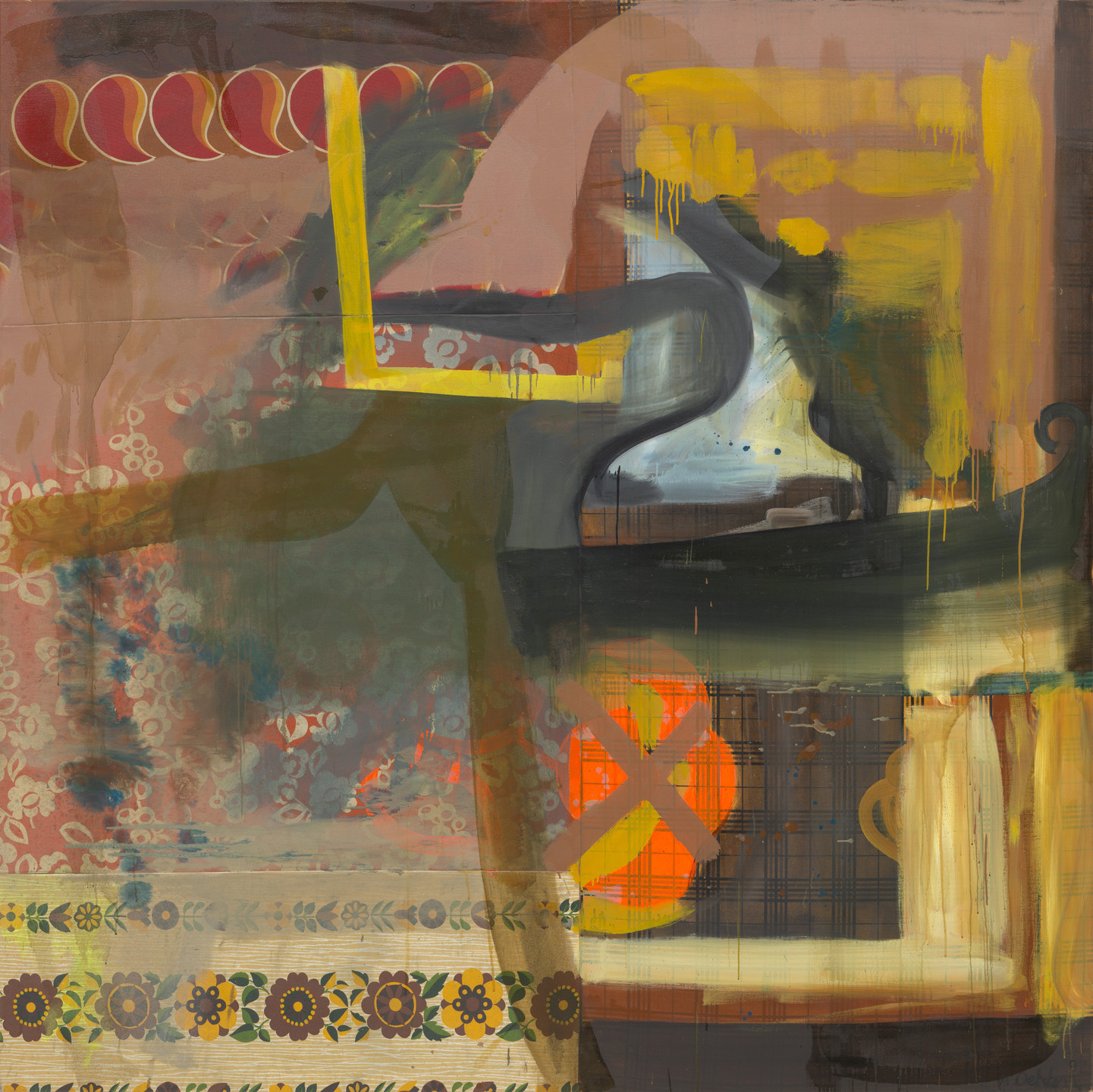 The image features overlapping layers of vibrant colors including red, yellow, green, and orange with floral patterns and geometric shapes. There are prominent brush strokes, dot motifs, and a tapestry-like design at the bottom. This is an AI generated description. To give feedback, email ai@moma.org.