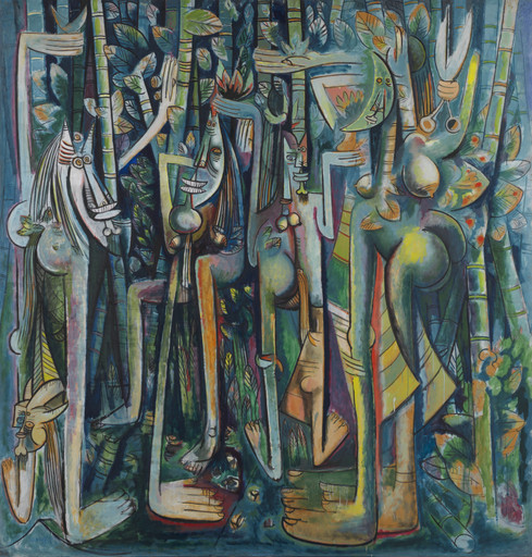 A vibrant, large, square painting on paper featuring elongated figures with animal mask-like faces and exaggerated buttocks. They figures are surrounded by dense vegetation—mostly tall, cyllindrical, stalks with leaves. Predominant colors are blue, green, orange and red. This is an AI generated description. To give feedback, email ai@moma.org.