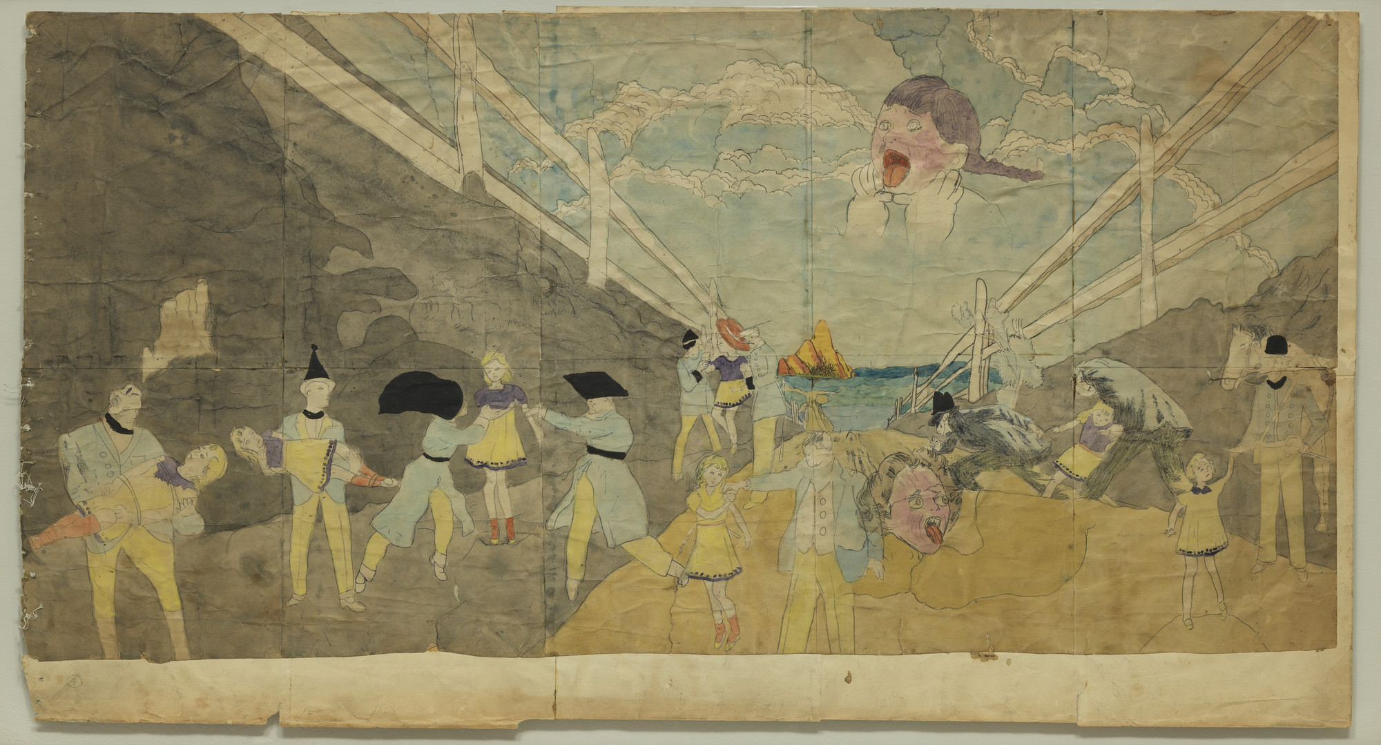 Henry Darger. a) Untitled (Strangled child in the sky) b) At Norma Catherine nearing enemy lines are captured. n.d.