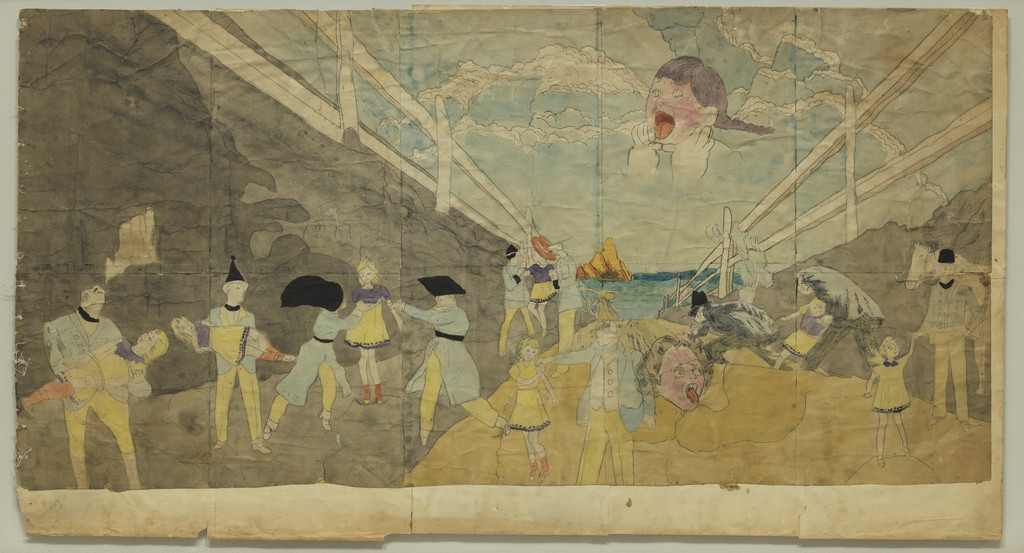 a) Untitled (Strangled child in the sky) b) At Norma Catherine nearing enemy lines are captured, Henry Darger, n.d.