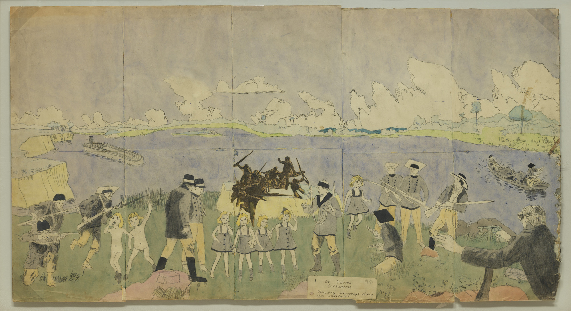 Henry Darger. a) Untitled (Strangled child in the sky) b) At Norma Catherine nearing enemy lines are captured. n.d.