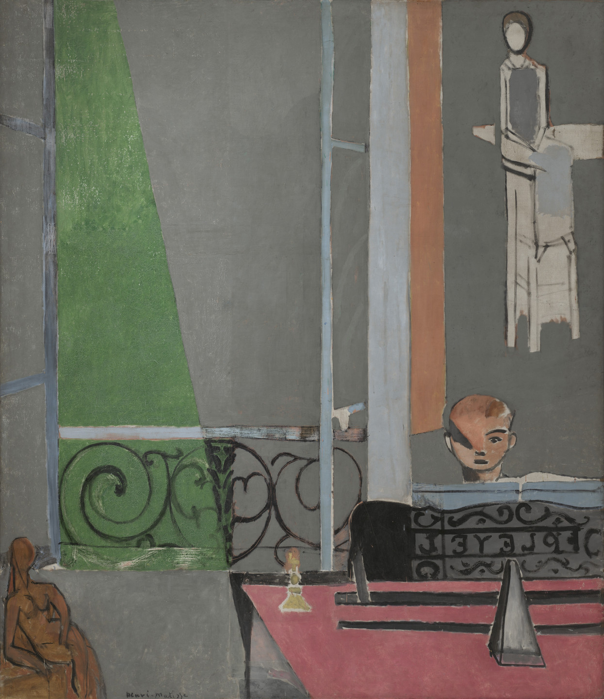 A painting featuring a person with a light face behind a black, patterned balcony railing and a large red table in the foreground, with green, gray, orange, and blue background sections. Another person appears seated in the lower left, with a small, yellow object on the table. This is an AI generated description. To give feedback, email ai@moma.org.