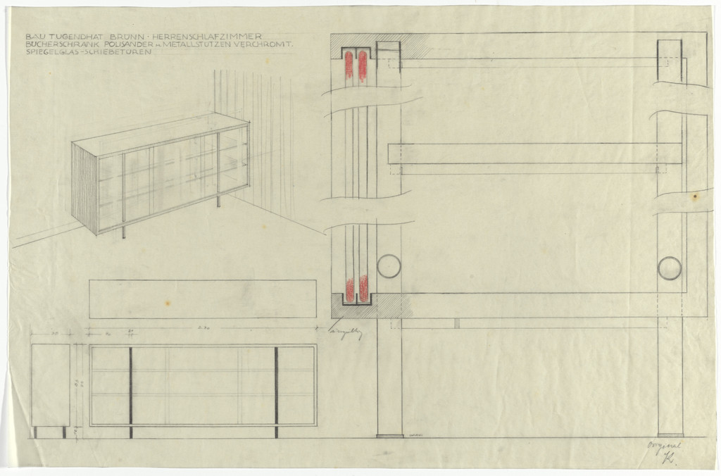 Tugendhat House, Brno, Czech Republic (Perspective, elevations, plan and section. Master bedroom bookcase.)