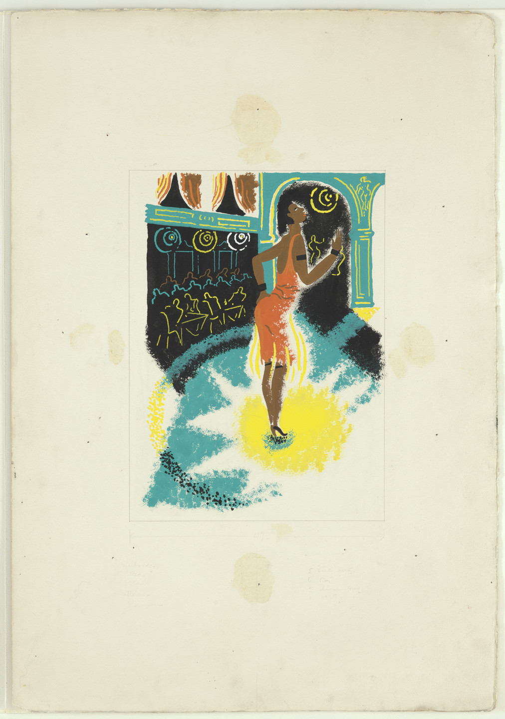 A person is dancing on a stage with a yellow spotlight, wearing an orange outfit. The background features an audience in dark silhouettes sitting at tables with teal, yellow, and red accents. This is an AI generated description. To give feedback, email ai@moma.org.