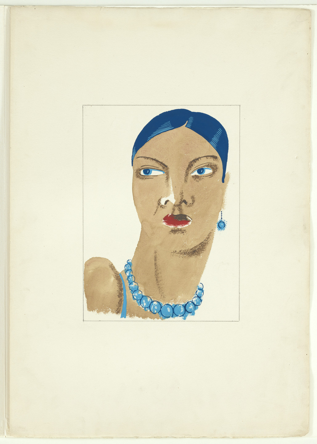 An illustration in blue, brown, and red on a cream-colored background. A figure with brown skin and blue hair and eyebrows wears a blue choker necklace with round blue beads and matching earrings. This is an AI generated description. To give feedback, email ai@moma.org.